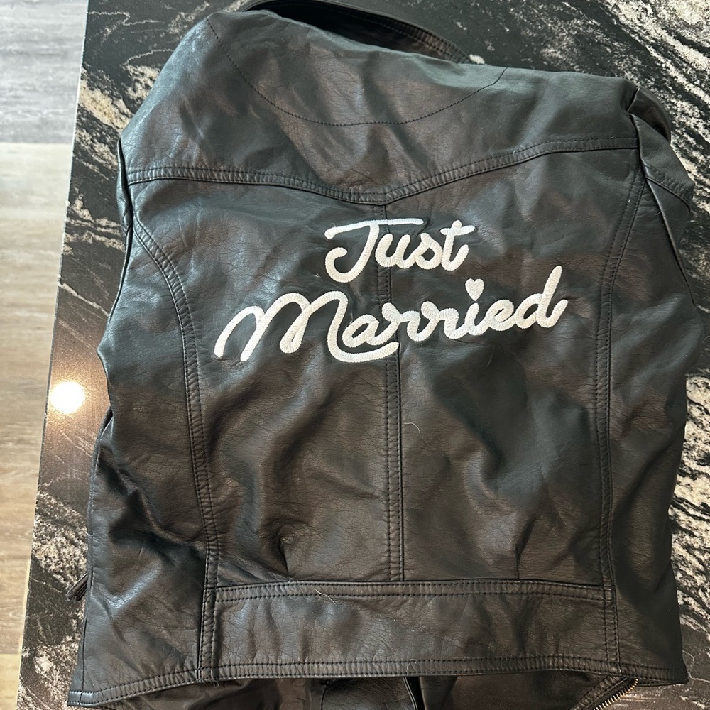 Black Leather Jacket with 'Just Married' Embroidery
